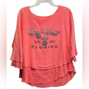 Key West Florida Graphic Top Coral Layered Hem Size S
